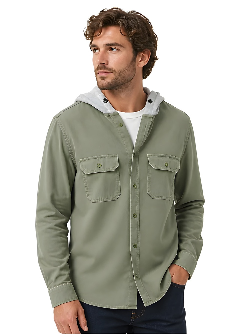 Aeropostale Men’s Long Sleeve Hooded Green Twill Shirt -Size S